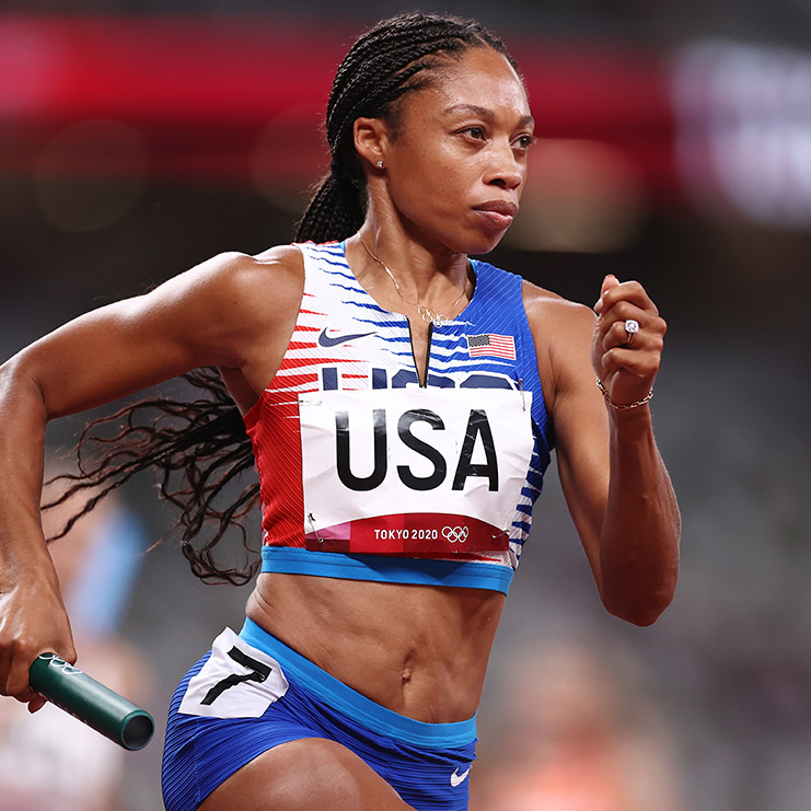 Allyson Felix competes in the Women's 4x400m Relay Final at the Tokyo 2020 Olympic Games.