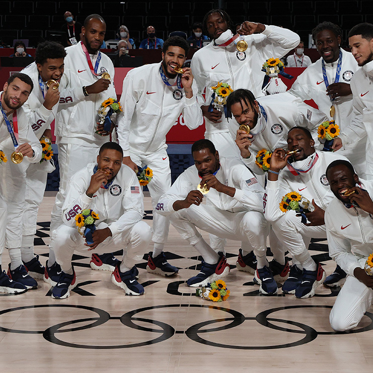 The Men's Basketball team poses with their gold medals at the Tokyo 2020 Olympic Games.