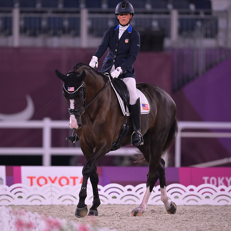 Roxanne Trunnell rides horse Dolton in the dressage individual Test Grade I Equestrian competition during the Tokyo 2020 Paralympic Games.