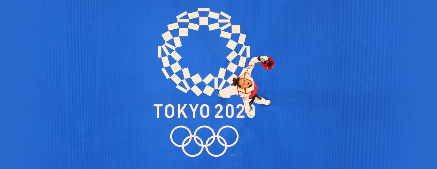 Anastasija Zolotic celebrates after defeating Tatiana Minina of Team ROC during the Women's -57kg Taekwondo Gold Medal contest at the Tokyo 2020 Olympic Games.