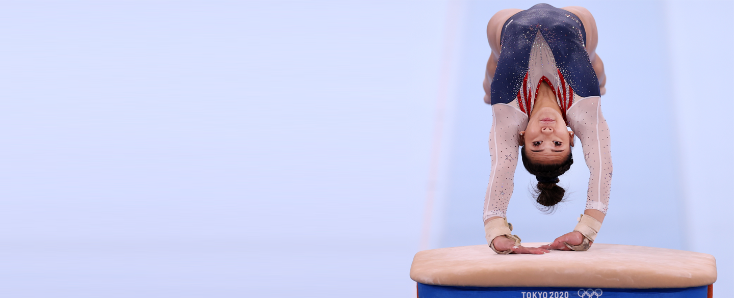 Sunisa Lee leaps onto the vault at the artistic gymnastics women's all-around final during the Tokyo 2020 Olympic Games.